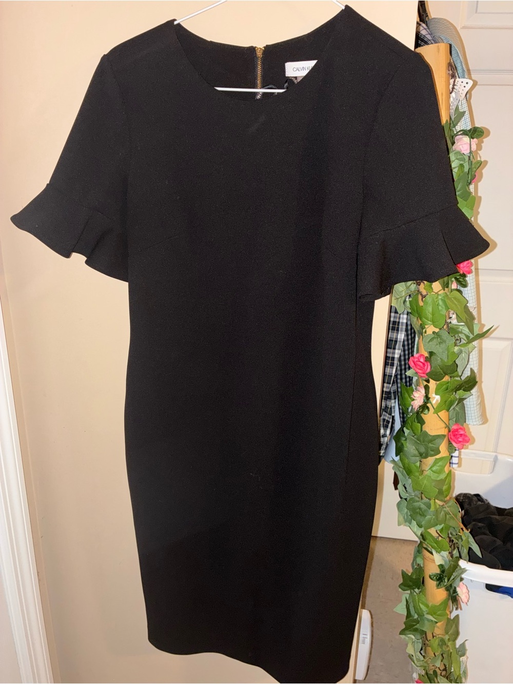 Calvin Klein Black Midi Dress with Ruffle Sleeves